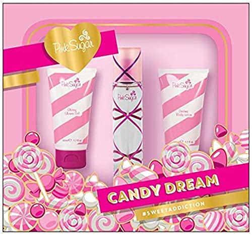 Pink Sugar Candy Dream 3 Pc Gift Set for Women, Travel Size, Eau de Toilette Perfume for Women, Body Lotion + Shower Gel