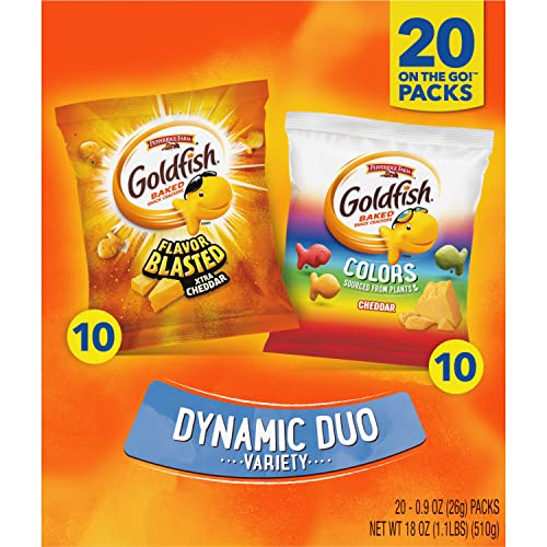 Goldfish Dynamic Duo Colors Crackers, Cheddar And Flavor Blasted Xtra Cheddar Snack Pack, 0.9 Oz, 20-Ct Variety Pack Box