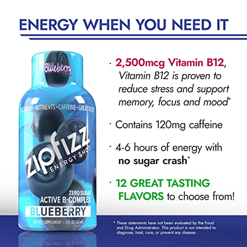 Zipfizz 2oz Energy Shot - Blueberry Flavor | Hydrating Electrolyte Drinks w/Liquid B12, Caffeine, Ginseng, and Vitamins | Low Carb, Gluten Free, Sugar Free Energy Drink (6 Pack)