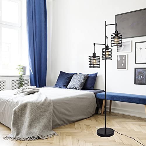 FIRVRE Modern Industrial Floor Lamp Black 3 Light Bright Vintage Pole Light Farmhouse Rustic Standing Tree Lamp with Elegant Cage Heads Tall Lamps for Living Room Bedroom Office Dining Room