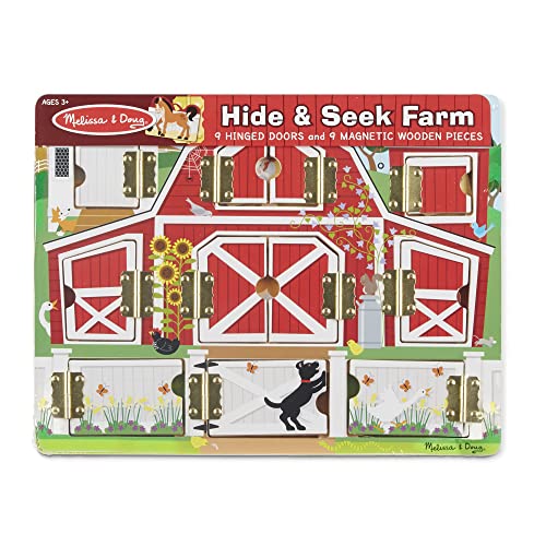 Melissa and Doug Hide and Seek Farm Wooden Activity Board With Barnyard Animal Magnets - Wooden Busy Board, Hide And Seek Puzzles, Wooden Magnet Puzzles For Toddlers And Kids Ages 3+
