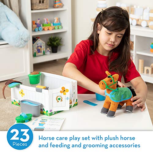 Melissa and Doug Feed and Groom Horse Care Play Set With Plush Stuffed Animal (23 pcs) - Pretend Play Horse Plush Toys For Girls And Boys Toddlers Ages 1+