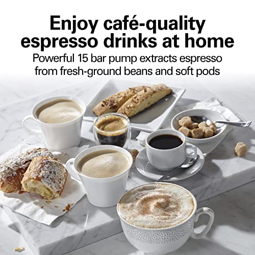 Hamilton Beach 15 Bar Espresso Machine, Cappuccino, Mocha, and Latte Maker, with Milk Frother, Make 2 Cups Simultaneously, Works with Pods or Ground Coffee, 50 oz. Water Reservoir, Black