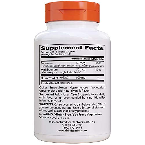 Doctor's Best Nac Detox Regulators with seleno excell, Non-GMO, Vegetarian, GlutenandSoy Free, 180 Veggie Caps, 180Count