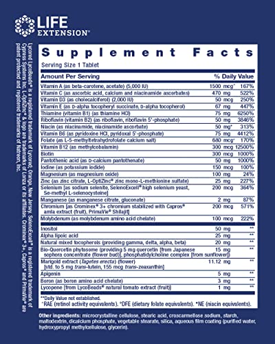 Life Extension One-Per-Day Multivitamin - Essential Vitamins and Minerals - for Healthy Immune Function, Cellular, Blood Vessel, Heart and Brain Health - Non-GMO, Gluten-Free - 60 Tablets