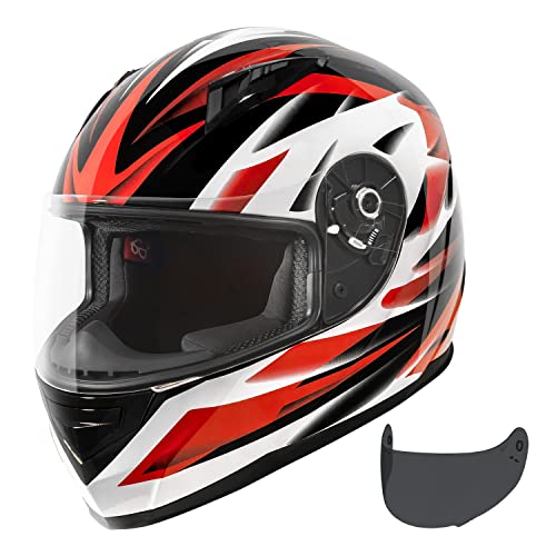 VCAN VX Lightweight Full Face Motorcycle Street Bike Helmet with Extra Tinted Visor DOT and ECE 22.05 Approved (Gloss Black Stream Red, Large)