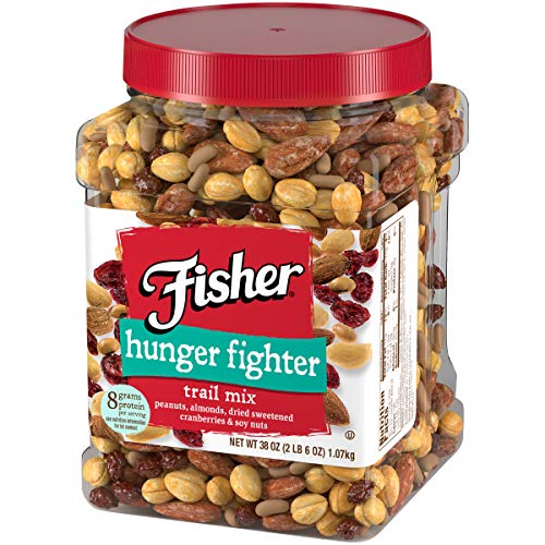 Fisher Snack Hunger Fighter Trail Mix, 38 Ounces, Peanuts, Almonds, Dried Sweetened Cranberries, Soy Nuts