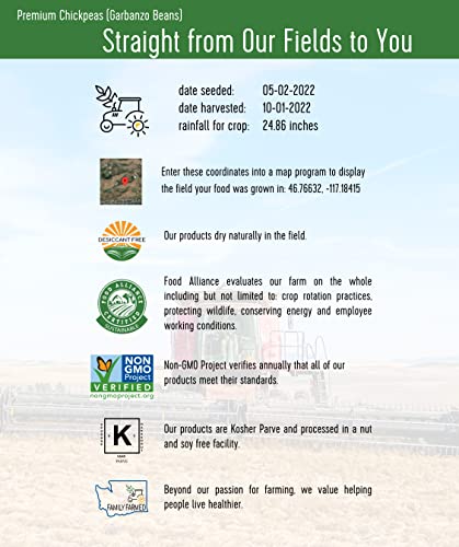 Chickpeas | Garbanzo Beans | Family Farmed in Washington State | Desiccant Free | 5 lbs | Non-GMO Project Verified | Kosher Parve | USA Grown | Field Traced | Burlap Bag