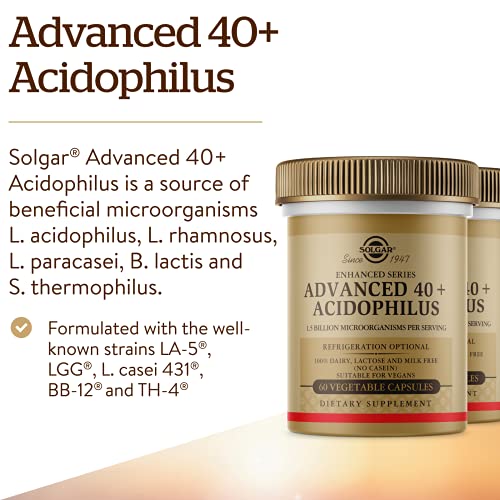 Solgar Advanced 40+ Acidophilus, 120 Vegetable Capsules - Supports Healthy Intestinal Flora - 1.5 Billion Microorganisms Per Serving - Gluten, Dairy, Lactose and Milk Free - Vegetarian - 120 Servings