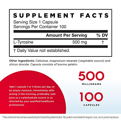 Jarrow Formulas L-Tyrosine 500 mg - 100 Capsules - Supports Brain Function - Brain Neurotransmitter Precursor - Free Form Amino Acid - Contains Pure Crystalline L-Tyrosine - 100 Servings