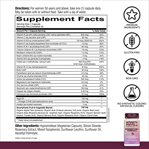 SmartyPants Multivitamin for Women 50+: Omega-3 DHA, Zinc for Immunity, Vitamins D3, C, B6, Biotin, Folate, Vitamin B12, Vitamin A for Eyes, One Per Day, 30 Capsules, 30 Day Supply