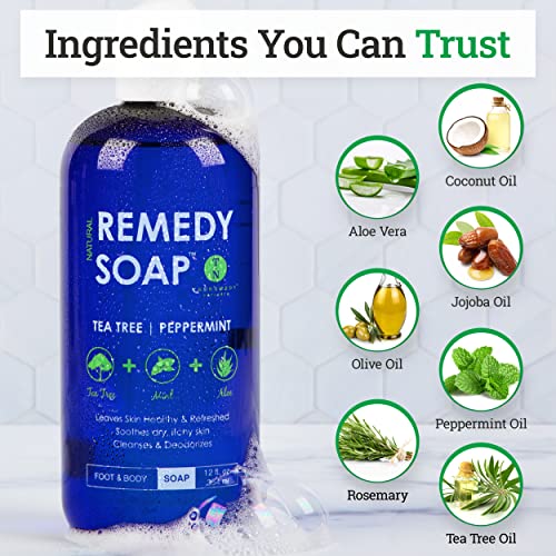 Remedy Soap Tea Tree Oil Body Wash | Helps Body Odor, Athlete's Foot, Jock Itch, Ringworm, Yeast Infections, Skin Irritations | Shower Gel for Women/Men | 100% Natural Tea Tree, Mint and Aloe Skin Cleanser (12 oz)