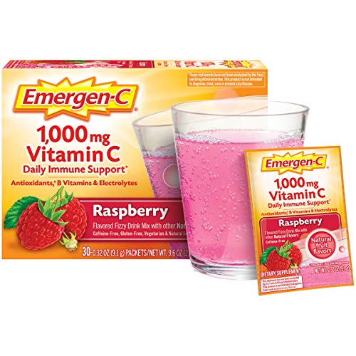 Emergen-C 1000mg Vitamin C Powder, With Antioxidants, B Vitamins And Electrolytes, Immunity Supplements For Immune Support, Caffeine Free Fizzy Drink Mix, Raspberry Flavor - 30 Count/1 Month Supply