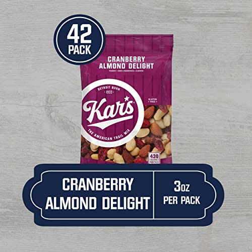 Kar’s Nuts Cranberry Almond Delight Trail Mix, 3 oz Individual Packs – Bulk Pack of 42, Gluten-Free Snacks