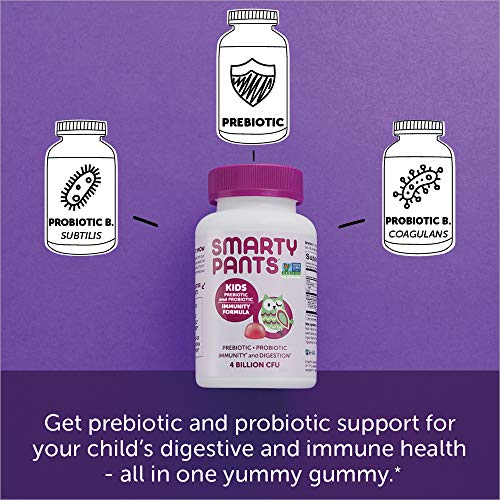 SmartyPants Kids Probiotic Immunity Gummies: Prebiotics and Probiotics for Immune Support and Digestive Comfort, Grape Flavor, Vegan Gummy Vitamins, 60 Count, 30 Day Supply, No Refrigeration Required