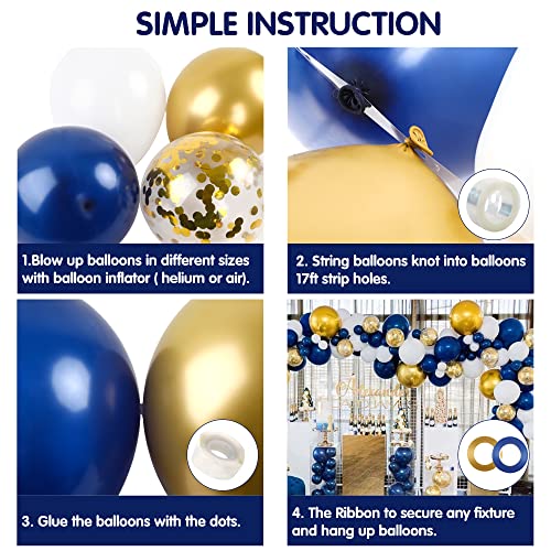 RUBFAC Navy Blue Gold Balloon Garland Arch Kit Royal Blue Gold White Balloons for Graduation Birthday Party Baby Shower Decoration