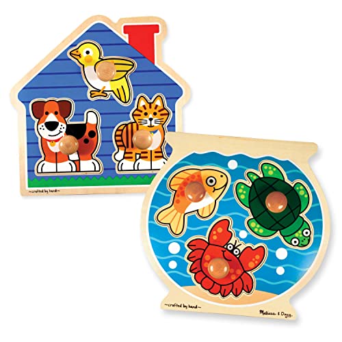 Melissa and Doug Animals Jumbo Knob Wooden Puzzles Set - Fish and Pets - Chunky Wooden Puzzles for Toddlers, Animal Puzzles For Kids Ages 1+