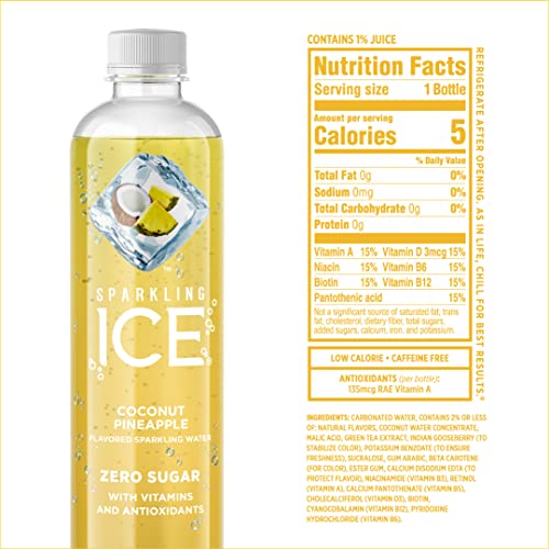 Sparkling Ice, Coconut Pineapple Sparkling Water, Zero Sugar Flavored Water, with Vitamins and Antioxidants, Low Calorie Beverage, 17 fl oz Bottles (Pack of 12)