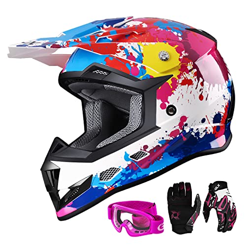 GLX GX623 DOT Kids Youth ATV Off-Road Dirt Bike Motocross Motorcycle Full Face Helmet Combo Gloves Goggles for Boys and Girls (Graffiti, X-Large)