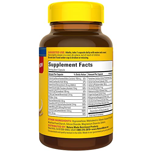 Nature Made Multi + Ginseng, Multivitamin for Women and Men, Daily Energy Multivitamin for Men and Women, One Per Day Men and Womens Vitamins, 60 Capsules