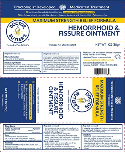 Doctor Butler's Hemorrhoid and Fissure Ointment – Hemorrhoid Treatment with Phenylephrine HCI and Lidocaine for Fast Acting Relief of Swelling, Discomfort, and Itching in one Hemorrhoid Cream (1 oz.)