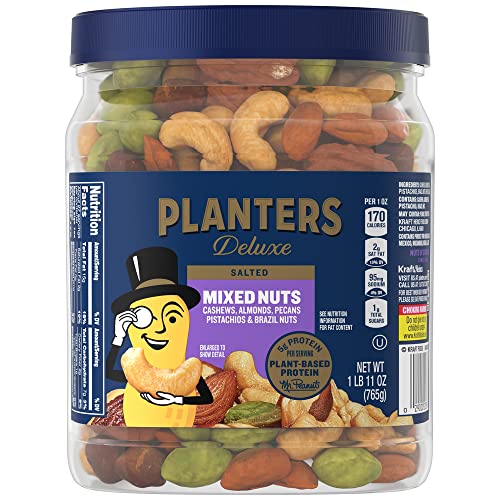 PLANTERS Deluxe Mixed Nuts with Sea Salt, 27 oz. Resealable Container - Variety Mixed Nuts Snacks with Cashews, Almonds, Pecans, Pistachios and Hazelnuts - Energy Boost - Kosher