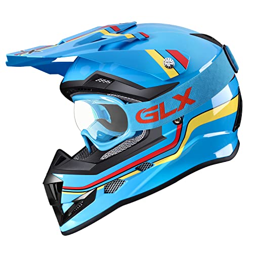 GLX GX623 DOT Kids Youth ATV Off-Road Dirt Bike Motocross Motorcycle Full Face Helmet Combo Gloves Goggles for Boys and Girls (Retro Blue, Large)