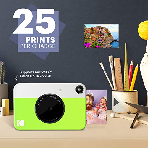 Kodak Printomatic Instant Camera (Green) Gift Bundle + Zink Paper (20 Sheets) + Deluxe Case + 7 Fun Sticker Sets + Twin Tip Markers + Photo Album.