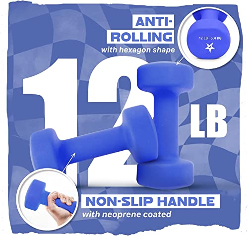 Yes4All Non-Slip, Hexagon Neoprene Dumbbells – 12lbs Neoprene Dumbbell Set for Muscle Toning, Strength Building, Weight Loss (Vivid Dark Blue - Pair)