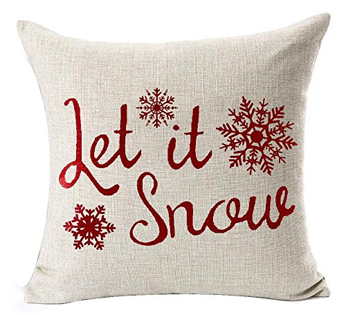 Set of 4 Happy Winter Beige Shadow Let It Snow Snowflakes in Red Merry Cotton Linen Throw Pillow Case Personalized Cushion Cover Decorative Square 18 Inches