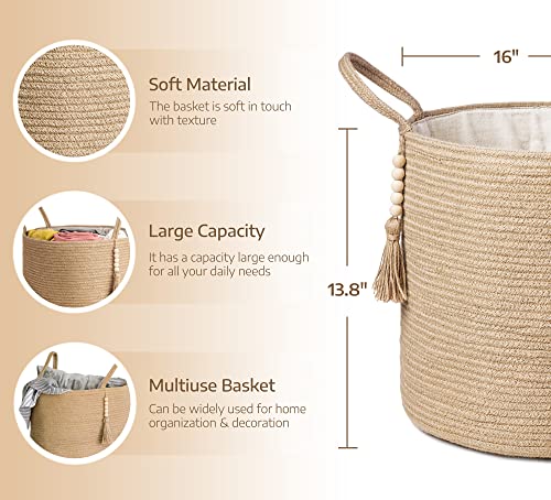 Mkono Woven Storage Basket Decorative Rope Basket Wooden Bead Decoration for Blankets,Toys,Clothes,Shoes,Plant Organizer Bin with Handles Living Room Home Decor, Jute, 16' W × 13.8'L