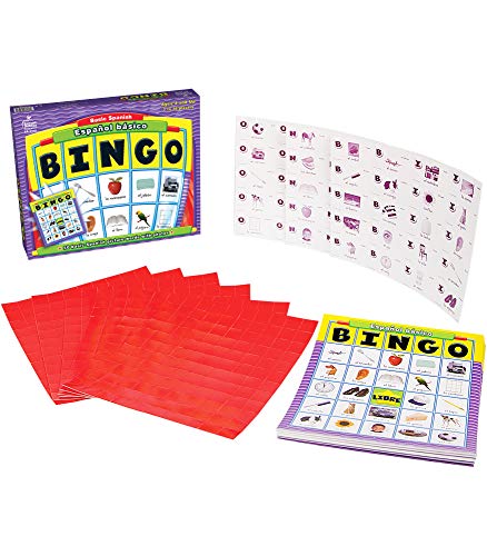 Carson Dellosa Basic Spanish Bingo Game Learning Board Game with 50 Spanish Words with Photos, 36 Game Boards and Bingo Chips for 3-36 Players, Ages 4 and Up