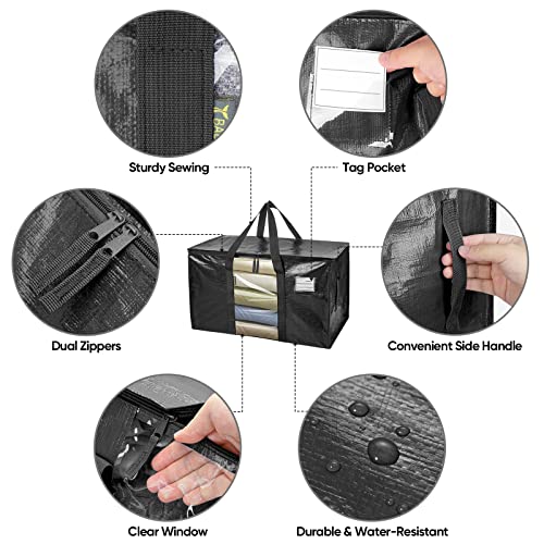 BALEINE 6-Pack Oversized Moving Bags with Reinforced Handles, Heavy-Duty Storage Tote Moving Supplies for Packaging, Camping (Black w/Window, 6-Pack)