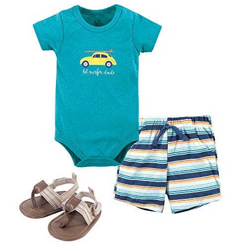 Hudson Baby Unisex Baby Cotton Bodysuit, Shorts and Shoe Set Surfer Dude, 12-18 Months