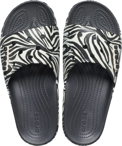 Crocs Unisex Classic Graphic Slide Sandals, Black/Zebra Print, 12 US Women