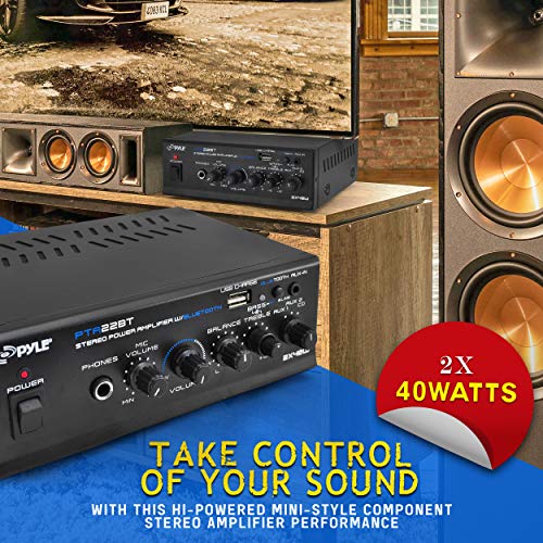 Pyle Bluetooth Mini Blue Series Home Audio Amplifier - Compact Desktop Home Theater-Stereo Amplifier Receiver with USB Charge Port - Pager and Mixer Karaoke Modes - Mic Input (40 Watt x 2) - PTA22BT