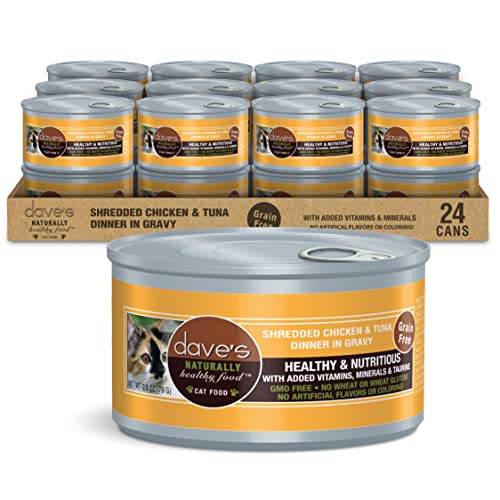 Dave's Pet Food Grain Free Wet Cat Food (Shredded Chicken and Tuna in Gravy), Naturally Healthy Canned Cat Food, Added Vitamins and Minerals, Wheat, Gluten and GMO-Free, 2.8 oz (Case of 24)