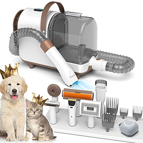 Bunfly Pet Clipper Grooming Kit and Vacuum Suction 99% Pet Hair, 7 Pet Grooming Tools, 3L Large Capacity Easy Clean Dust Cup for Pet Hair, Home Cleaning（Brown）