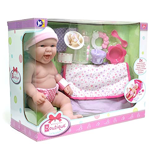 JC Toys - La Newborn | 10 Piece Deluxe Diaper Bag Gift Set | Feat. 13' Realistic Smiling Baby Newborn Doll | All Vinyl | Washable | Ages 2+ (18332) , Pink