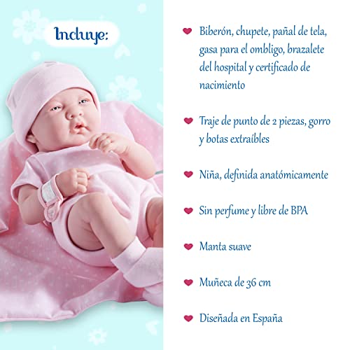 JC Toys 18541 La Newborn Boutique 14 Inch Doll, 9 Piece Set, Real Girl in Pink