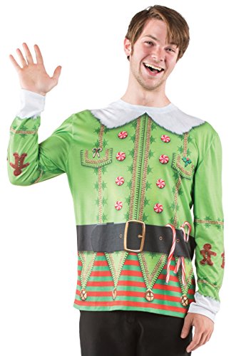 Faux Real Men's 3D Photo-Realistic Ugly Sweater Long Sleeve T-Shirt, Christmas Elf, XX-Large