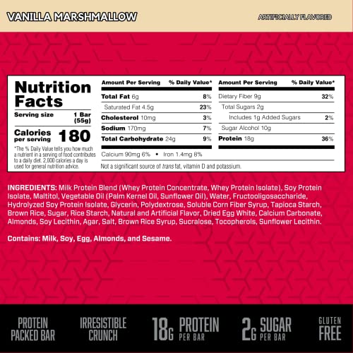 BSN Protein Bars - Protein Crisp Bar by Syntha-6, Whey Protein, 20g of Protein, Gluten Free, Low Sugar, Vanilla Marshmallow, 12 Count (Pack of 1)