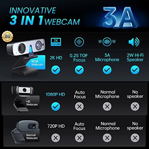 ROCWARE Webcam with Microphone, RC08 Web Camera for Computer Camera, HD Webcam 1080p 60fps 2K Streaming Camera, Auto Focus Webcam with Built-in Mic, High-Performance Speaker, and Easy Plug-and-Play