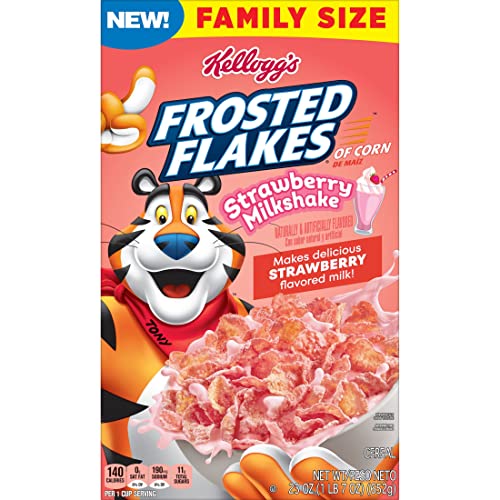 Frosted Flakes Cold Breakfast Cereal, 8 Vitamins and Minerals, Kids Snacks, Family Size, Strawberry Milkshake (6 Boxes)