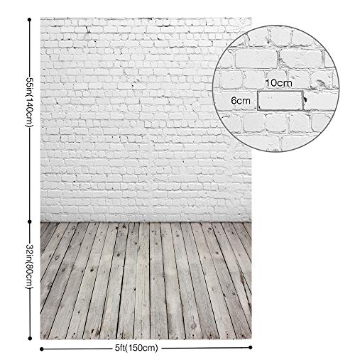 HUAYI 5X7ft White Brick Wall With Gray Wooden Floor Photography Vinyl Backdrop D-2504