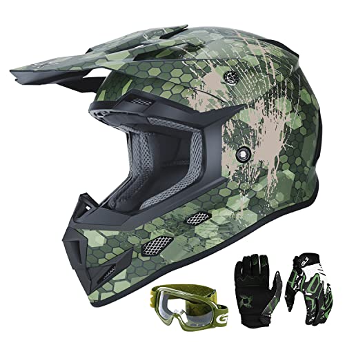 GLX GX623 DOT Kids Youth ATV Off-Road Dirt Bike Motocross Motorcycle Full Face Helmet Combo Gloves Goggles for Boys and Girls (Camouflage, Large)
