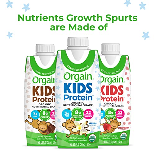 Orgain Organic Kids Protein Nutritional Shake, Vanilla - 8g of Protein, 22 Vitamins and Minerals, Fruits and Vegetables, Gluten Free, Soy Free, Non-GMO, 8.25 Fl Oz (Pack of 12)