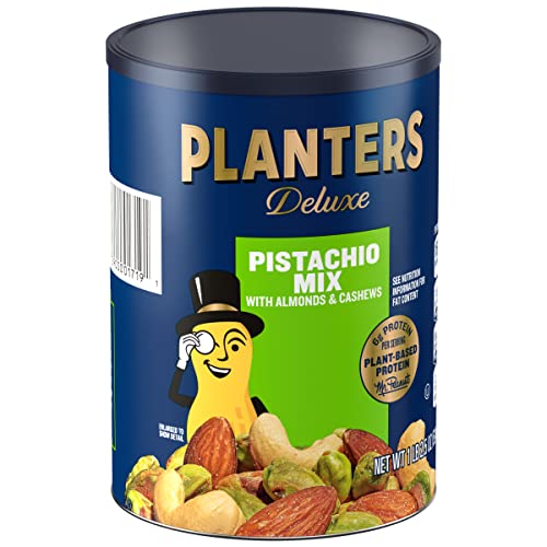 PLANTERS Deluxe Pistachio Mix, 1.15 lb. Resealable Canister - Deluxe Pistachio Mix: Pistachios, Almonds and Cashews Roasted in Peanut Oil with Sea Salt - Kosher, Savory Snack