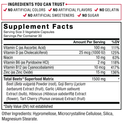 Force Factor Total Beets Beetroot Superfood Formula with Beet Root Powder, Beet Supplement with Vitamins, Minerals, and Antioxidants, Immune Support Supplement, 90 Vegetable Capsules