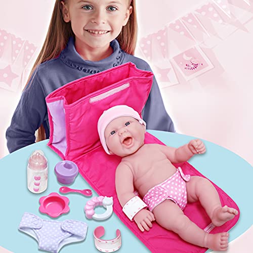 JC Toys - La Newborn | 10 Piece Deluxe Diaper Bag Gift Set | Feat. 13' Realistic Smiling Baby Newborn Doll | All Vinyl | Washable | Ages 2+ (18332) , Pink